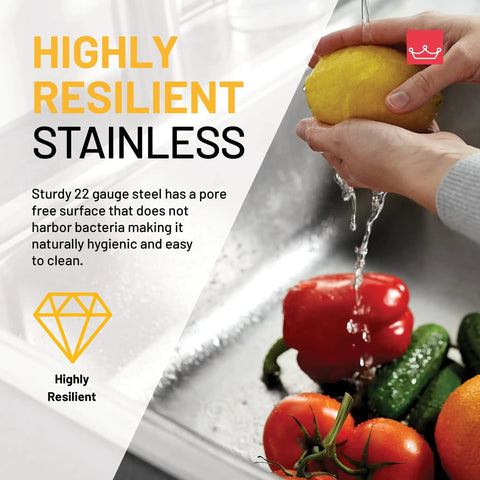 Creemore 25-Inch Left-Right By 22-Inch Front-To-Back Drop-In Single Bowl Stainless Steel Kitchen Sink With EZ Torque Fastener System, 1-Hole Design, 7-Inch Deep, 22-Gauge highlighted for resilience, with vegetables being washed.