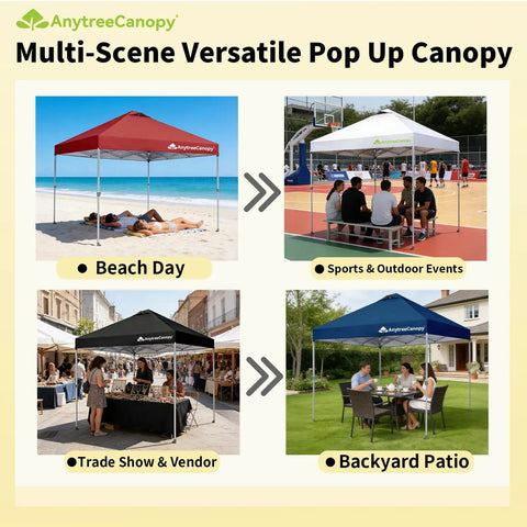 10x10 Pop Up Canopy Tent With Easy Up Setup Waterproof Outdoor Shelter On Wheels Red Ventilated Sun Shade For Patio Backyard Parties And Camping Ideal For Picnics And Events, used at beach, sport events, trade shows, patio.