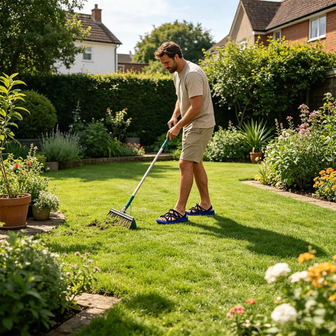 Man wearing heavy duty lawn aerator shoes with adjustable straps and multi-spike sole in garden, wobble-free stability