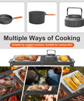 Folding Campfire Grill With Heavy Duty Steel Mesh Grate And Folding Legs Portable Over Fire Pit Rack showing cookware options