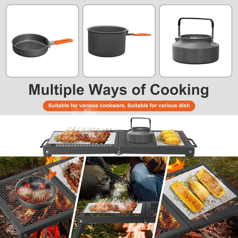 Folding Campfire Grill With Heavy Duty Steel Mesh Grate And Folding Legs Portable Over Fire Pit Rack showing cookware options