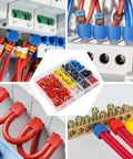 All Purpose Wire Ferrule Kit For 8 To 22 AWG 750 Piece Dual Bootlace Ferrules Set With Copper Tin Plated Ends Insulated PVC Sheath Twin Ferrule Connectors Pro DIY Terminal Kit components shown in use and organized box.