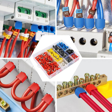 All Purpose Wire Ferrule Kit For 8 To 22 AWG 750 Piece Dual Bootlace Ferrules Set With Copper Tin Plated Ends Insulated PVC Sheath Twin Ferrule Connectors Pro DIY Terminal Kit components shown in use and organized box.