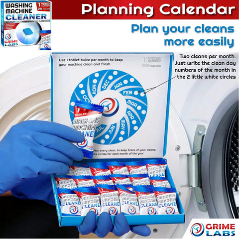 All In One Washing Machine And Dishwasher Cleaning Tablets Bundle, 48 Count For A 12 Month Supply, Deep Clean And Deodorize, Break Down Buildup, Soap Scum, And Mineral Deposits In Hard Water For Cleaner Dishes And Fresh Machines. box with 24 tablets and planning calendar