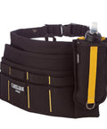 Boss Level Jobsite Utility Waist Pack Featuring Detachable Sixteen Oz Hydration Flask And Eight Rugged Tool Pouches Crafted For Tradesmen Needing Solid Gear Organization And Rapid Sip Access While Tackling The Daily Work Grind Serious, black with yellow accents, includes hydration flask.