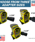Heavy Duty Sander Vacuum Adapter For Five Inch Orbital And One Quarter Sheet Sanders, Fits One And A Quarter Inch Shop Vac Hoses, Dust Collection Attachment For PCL406 And PCL401, Built Tough For Rugged Sanding Jobs, shown in three adapter sizes.