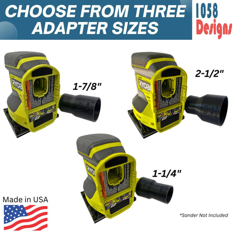 Heavy Duty Sander Vacuum Adapter For Five Inch Orbital And One Quarter Sheet Sanders, Fits One And A Quarter Inch Shop Vac Hoses, Dust Collection Attachment For PCL406 And PCL401, Built Tough For Rugged Sanding Jobs, shown in three adapter sizes.