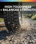 Off-road vehicle tire on gravel path showcasing high toughness and balanced strength