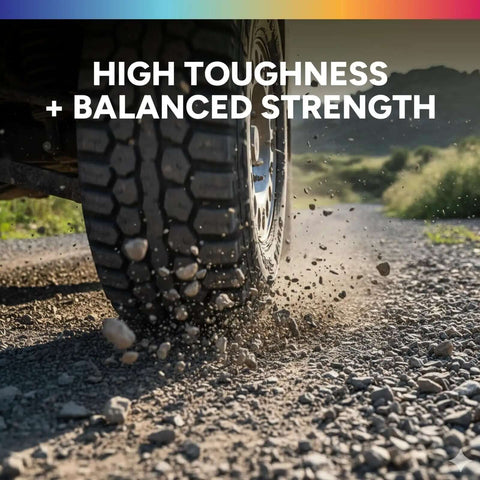 Off-road vehicle tire on gravel path showcasing high toughness and balanced strength