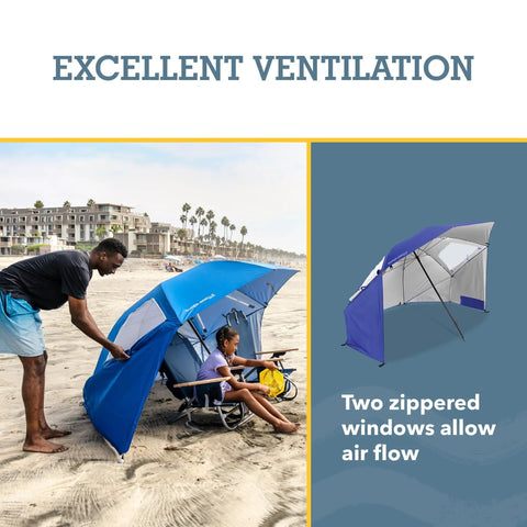UPF 50 Plus Go-To Sun And Rain Canopy Umbrella For Beach, Sports, And Camping with airflow windows on a sandy beach