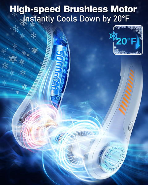 Portable Neck Fan Rechargeable Personal Cooling Gadget With 5000mAh Battery showing high-speed motor and cooling effect