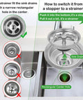 Diagram showing No Fuss 2 In 1 Kitchen Sink Strainer Stopper with Spring Clip Plunger for Standard 3-1/2 Inch Drains in chrome.