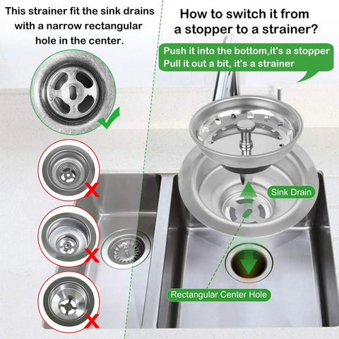 Diagram showing No Fuss 2 In 1 Kitchen Sink Strainer Stopper with Spring Clip Plunger for Standard 3-1/2 Inch Drains in chrome.