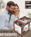Rotating Vinyl Record Storage Box 4 In 1 Wooden Display Cube with bride and groom photos, 14.96 inch mahogany wood crate