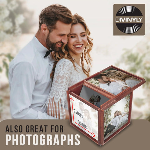 Rotating Vinyl Record Storage Box 4 In 1 Wooden Display Cube with bride and groom photos, 14.96 inch mahogany wood crate