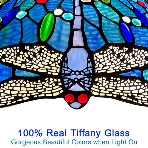Close-up of Antique Blue Dragonfly Tiffany Style 2-Light Stained Glass Pendant Light 16 Inch Wide Hanging Lamp detailing.