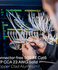 Technician connecting Dope 500 Foot Cat6 Bulk Ethernet Cable 23 AWG CCA UTP Indoor Network Cable Gray in server rack