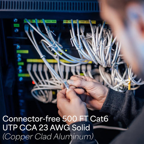 Technician connecting Dope 500 Foot Cat6 Bulk Ethernet Cable 23 AWG CCA UTP Indoor Network Cable Gray in server rack