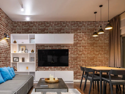 Living room with Red Brick Peel And Stick Wallpaper Self Adhesive Waterproof Removable Vinyl Wall Covering, furniture, and decor