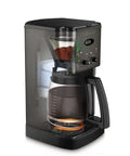 Side view of 12 Cup Brew Central Coffee Maker With Fully Auto Programmable Settings, black stainless steel, with carafe and digital display.