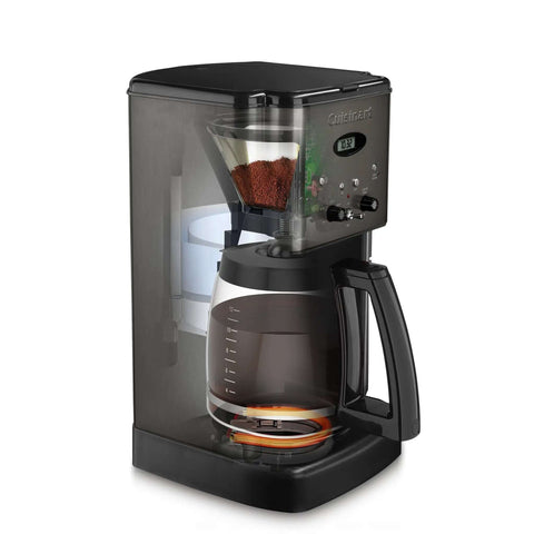 Side view of 12 Cup Brew Central Coffee Maker With Fully Auto Programmable Settings, black stainless steel, with carafe and digital display.