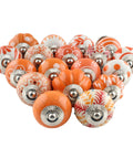 Assorted orange ceramic cabinet knobs in vintage style, 10 pack, safe rust-free hardware, 1.5 inch diameter, 1 inch projection.