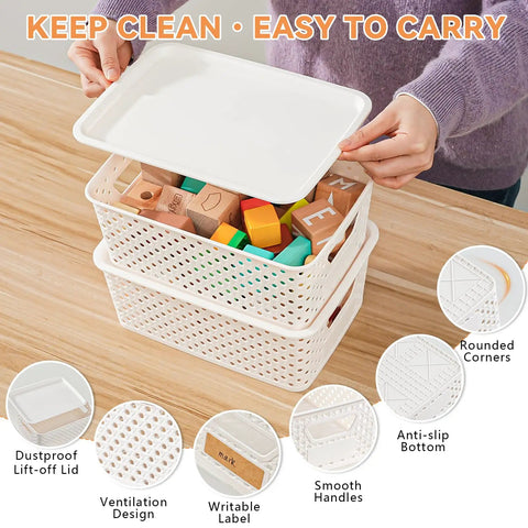 Person placing lid on Ten Pack Small Plastic Storage Bins With Lids Stackable Baskets With Handles For Easy Carry Awesome For Pantry Craft Room Office Or Garage Organization Includes Label Cards For Quick Sorting And Clear View on table
