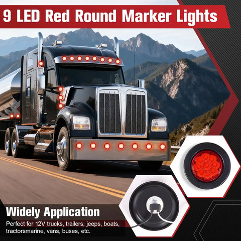 10 Pack 2 Inch 9 LED Side Marker Lights With Rubber Rings Red For Cars Trucks And SUVs, shown on a truck with close-up detail.