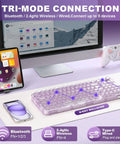 Smooth Wireless Mechanical Keyboard With Sleek Rotary Knob And Sick Tri Mode Sync For Effortless Multi Device Pairing Purple Crystal Switches on a desk with devices.