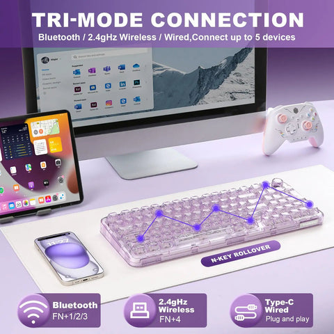 Smooth Wireless Mechanical Keyboard With Sleek Rotary Knob And Sick Tri Mode Sync For Effortless Multi Device Pairing Purple Crystal Switches on a desk with devices.