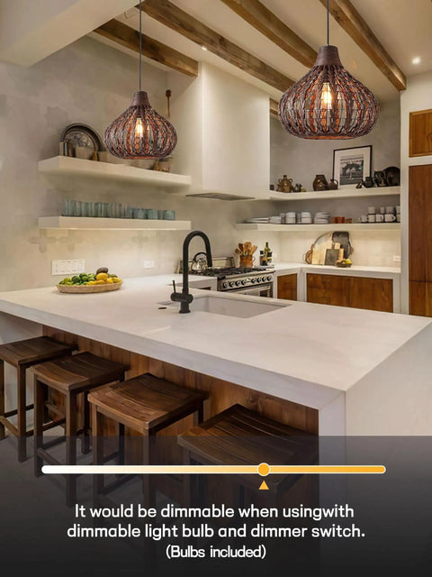 Handwoven Rattan Pendant Light With Wicker Shade Ceiling Fixture For Hallways And Islands Diameter 13.8 Inches 12W 2700K LED Corn Bulb Included Warm Glow Farmhouse Style Great For Dining Rooms Living Rooms Modern Rustic Homes Cozy Farmhouse Vibes elegantly above a modern kitchen island.