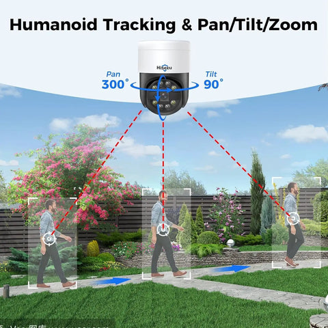 300 Degree Pan 90 Degree Tilt Security Camera System With Human Auto Tracking in a garden scene with human tracking highlights