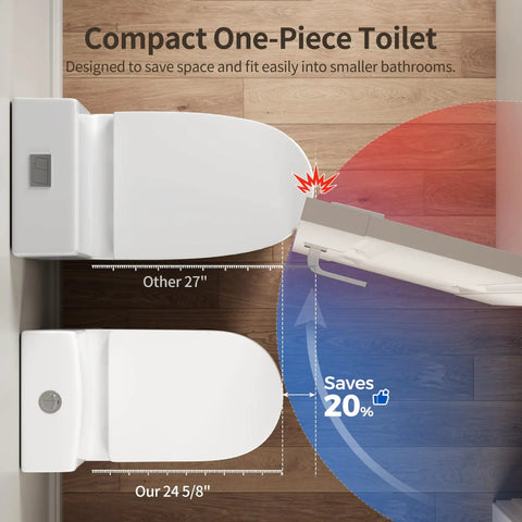 Space Saver Compact One Piece Skirted Toilet With Dual Flush Game Changer For Cramped Baths, Splash Free Quiet Flush, Foolproof 12 Inch Rough In Setup, Heavy Duty Round Bowl For Daily Use
