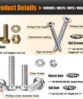 All In One 2013 Piece Nuts Bolts And Screws Set With SAE And Metric Hardware, Grade 8.8 Hex Bolts, Phillips Pan Head And Flat Head Wood Screws, Washers And Nuts, 3 Tray Portable Kit For DIY Projects showing product details.