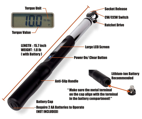 3/8 Inch Digital Torque Wrench With LCD Display And Peak Torque Readout Calibrated To Tight Specs Be A Beast On The Job shown with features