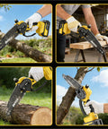 Person using 4-in-1 Electric Pole Saw with 9.2 ft reach, 6-inch and 8-inch cordless chainsaw, for tree trimming and branch cutting.