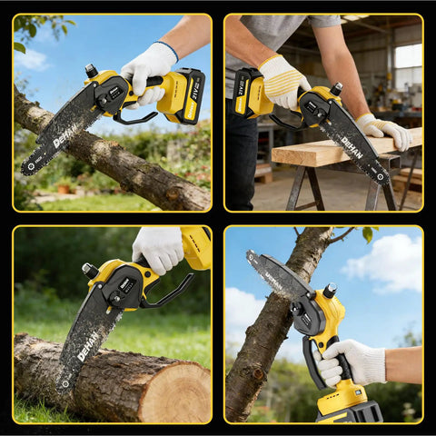 Person using 4-in-1 Electric Pole Saw with 9.2 ft reach, 6-inch and 8-inch cordless chainsaw, for tree trimming and branch cutting.