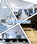 Collage of spaces: office, lab, auditorium using 2x2 Ft LED Flat Panel Light Fixture Dimmable Backlit Ceiling Light With 3 Color Temperature Options 3500K 4000K 5000K And 20W 30W 40W Tunable Wattage IC Rated UL DLC Listed 4 Pack
