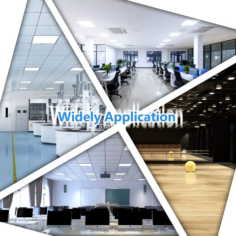 Collage of spaces: office, lab, auditorium using 2x2 Ft LED Flat Panel Light Fixture Dimmable Backlit Ceiling Light With 3 Color Temperature Options 3500K 4000K 5000K And 20W 30W 40W Tunable Wattage IC Rated UL DLC Listed 4 Pack