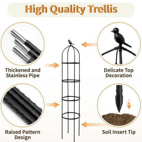 6Ft Adjustable Garden Obelisk Trellis With Four Rings And Decorative Tops Dope Rustproof Black Metal Plant Support features