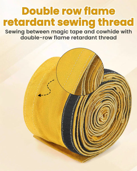 Double-row stitched Leather Welding Cable Sleeve with Adjustable Velcro Closure, flame-retardant for added safety in welding.