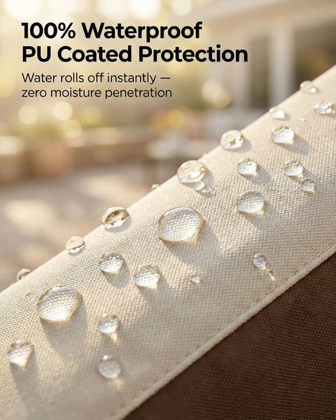 Heavy Duty Waterproof Patio Chair Covers For All Weather Protection with water droplets on 600D Oxford fabric, beige and brown