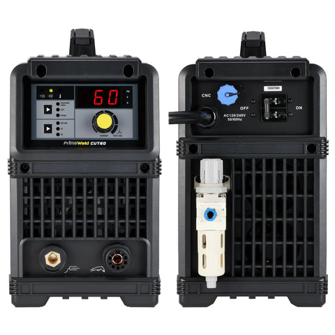 Front and rear view of 60 Amp Non Touch Pilot Arc Plasma Cutter with PT60 Torch Dual Voltage 110V 220V, black case with display and controls.