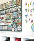 Map Bulletin Board Set With Travel Theme For Classrooms Adventure Decor includes motivational map-themed cutouts on classroom wall.