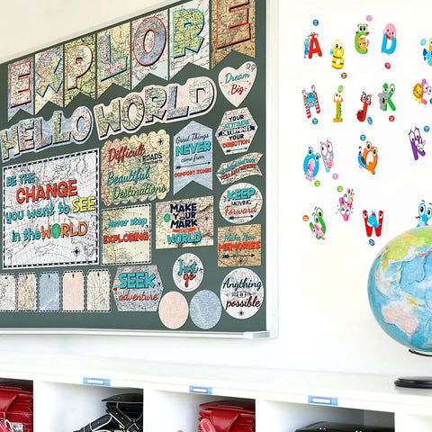 Map Bulletin Board Set With Travel Theme For Classrooms Adventure Decor includes motivational map-themed cutouts on classroom wall.