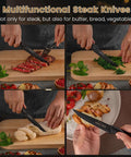 Eight Piece Steak Knife Set With Stainless Steel Serrated Blades, Rust Resistant Nonstick Coating, slicing meat and vegetables
