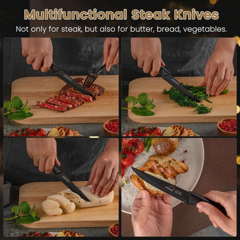 Eight Piece Steak Knife Set With Stainless Steel Serrated Blades, Rust Resistant Nonstick Coating, slicing meat and vegetables