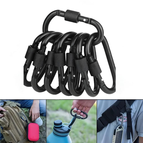 4 Pack Aluminum Alloy Carabiners With Locking Gate clipped to gear and used for camping and hiking, black, close-up view