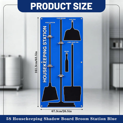 5S Shadow Board For Cleaning Tools, Aluminum Broom Station Organizer, Industrial Tool Rack Board, 63.5 By 26.5 Inches, Space Saving Janitorial And Housekeeping Supply For Factory Floor And Warehouse. blue aluminum shadow board with broom and dustpan outlines