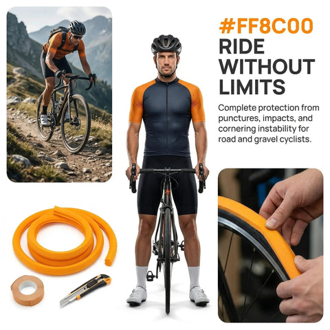 Cyclist with Puncture-Proof Bike Tire Inserts Run-Flat Tubeless Foam Liner For 25-32c Road Bikes That Boosts Grip And Stability.